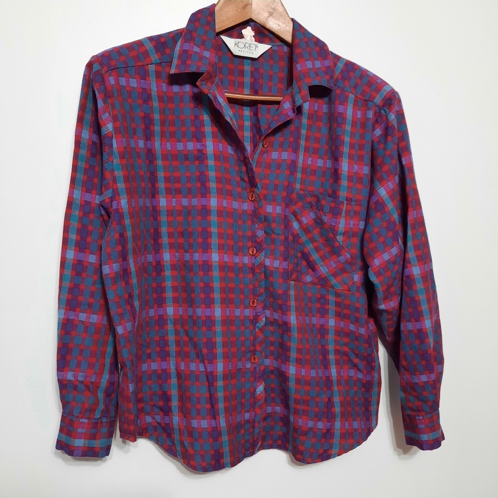 Koret red teal and purple plaid shirt